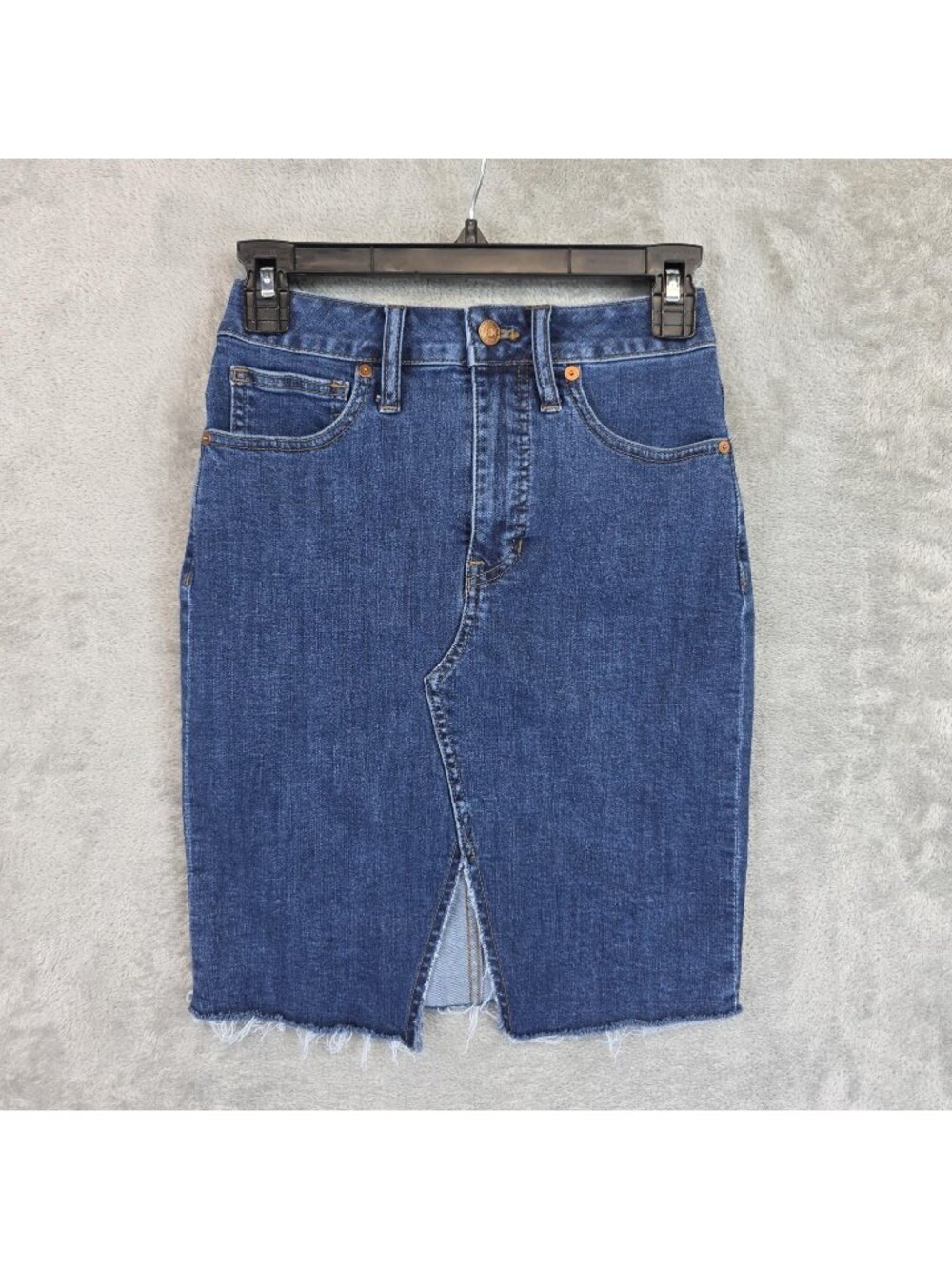 Madewell Skirt Womens 24 Blue Denim Pencil Knee Length Front Slit Raw Hem